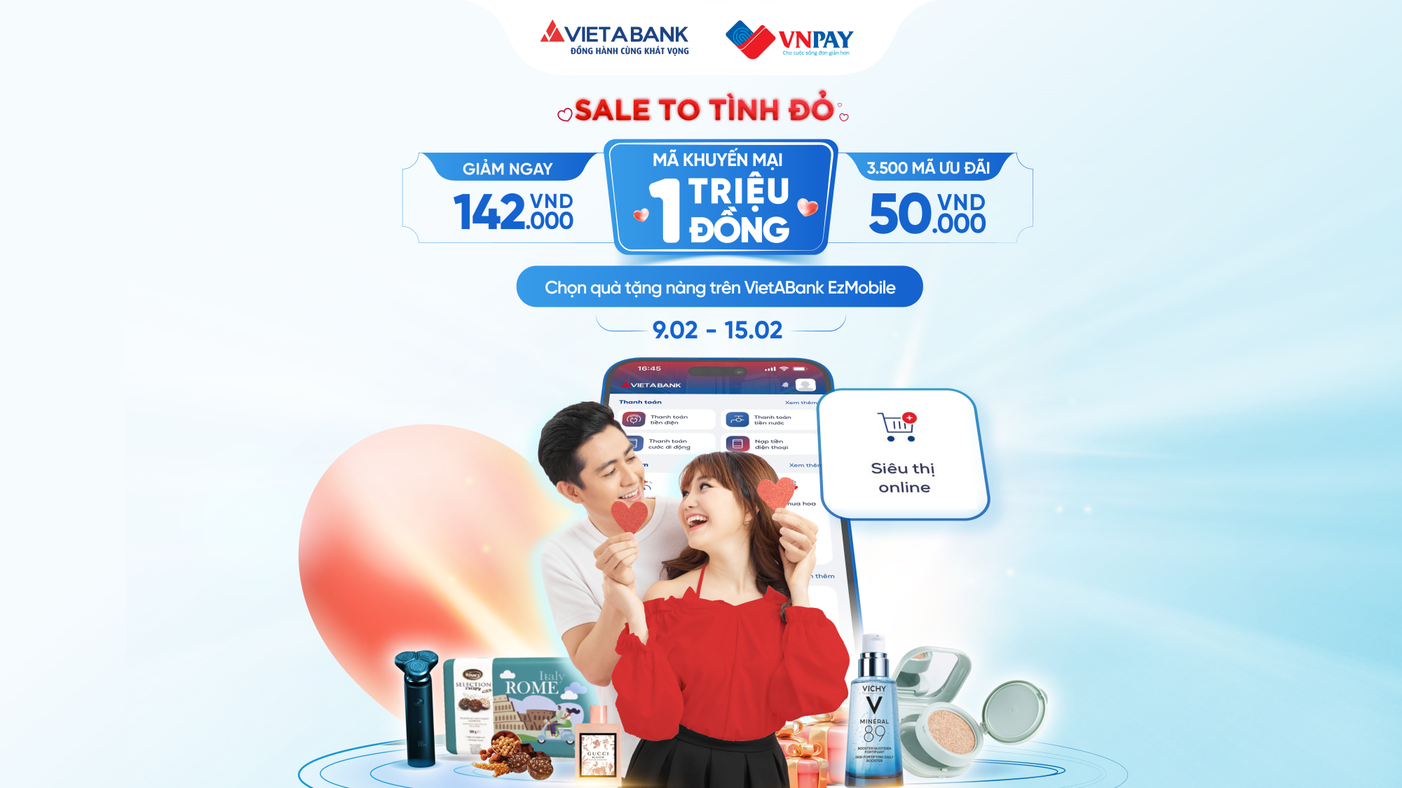 💕 SALE TO TÌNH ĐỎ 💕 - Khuyến Mại Tới 1 Triệu Đồng Khi Mua Sắm Trực Tuyến Trên Vietabank Ezmobile